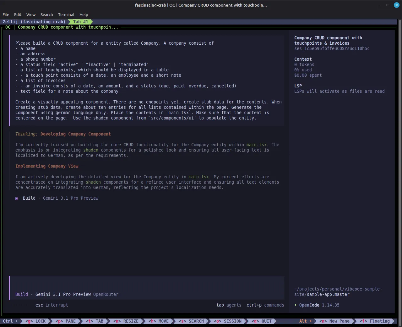 Schritt 1: Der initiale Prompt. Hier in Verwendung: OpenCode mit OpenRouter und Gemini 3.1 Pro.