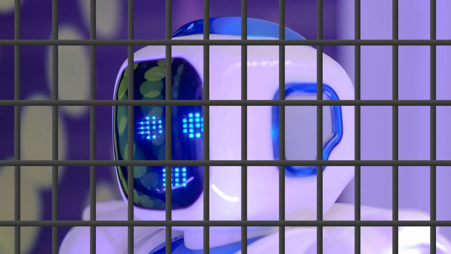 A cute little robot toy behind bars